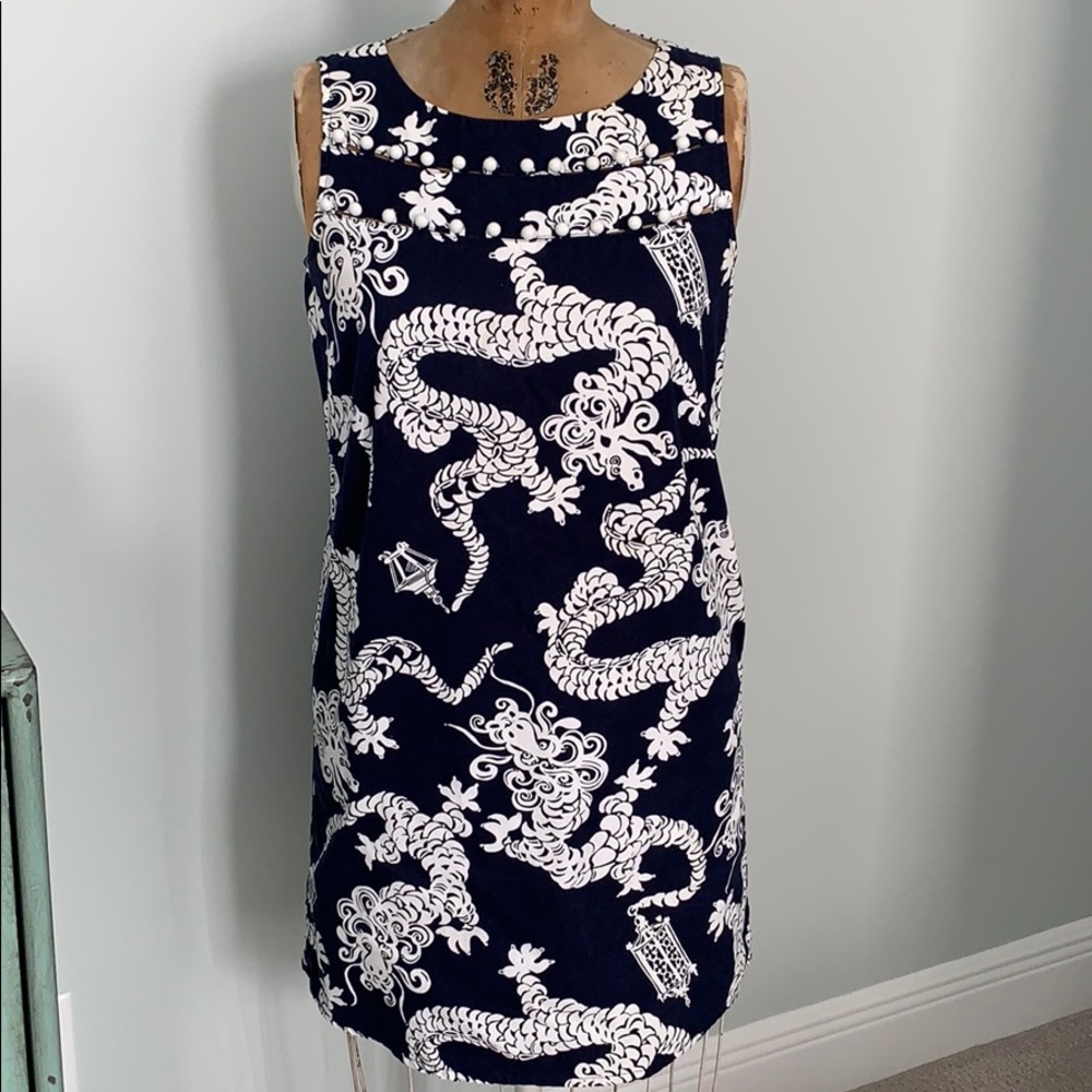 Lilly Pulitzer Navy and White Dragon Print Midi Dress